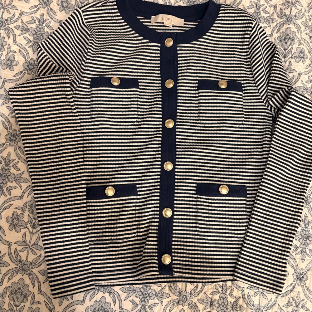 LOFT Navy and White Striped Cardigan